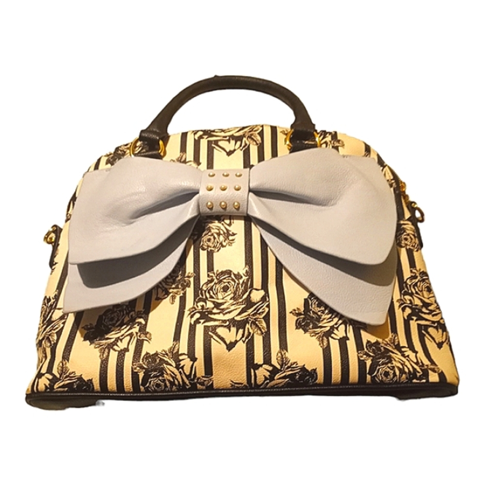 Betsey Johnson rare large satchel. Black and white with blue bow.